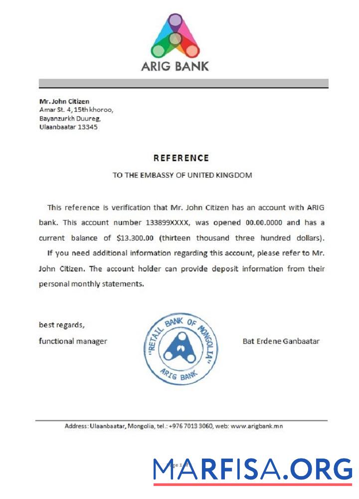 Printable Mongolia Arig bank reference example